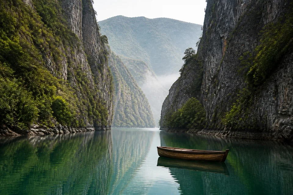 A small wooden boat on still green water in a narrow canyon lake in North Macedonia