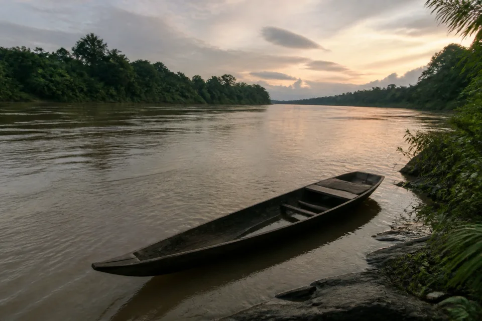 A long wooden boat moored on the bank of a wide brown river at dusk in Laos