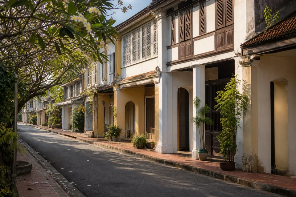 Low colonial shopfronts lining a tree-lined street in a small river town in Laos