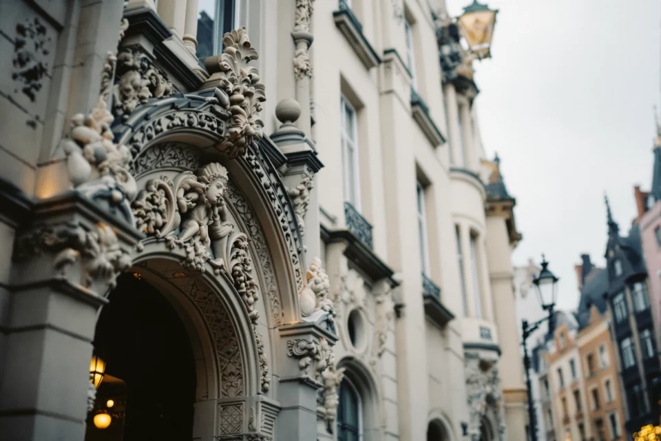 Carved stone ornament on an Art Nouveau facade in Latvia framing a doorway