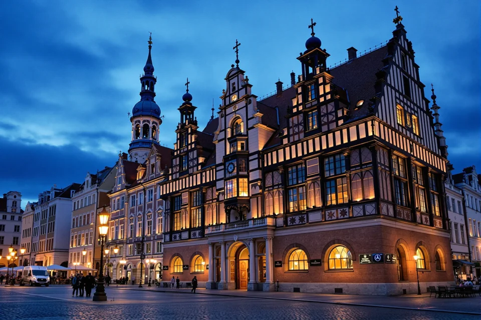 Ornate half-timbered guild house lit at blue hour on a Latvian square, onion-domed tower behind