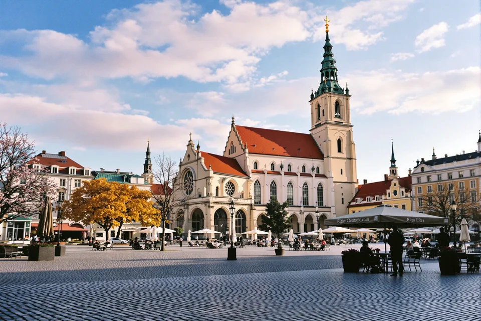 Riga Cathedral and the square in front of it in the old town of Latvia's capital
