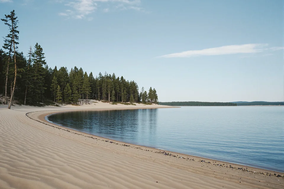 A pine-forested dune peninsula in Lithuania curving out toward still water