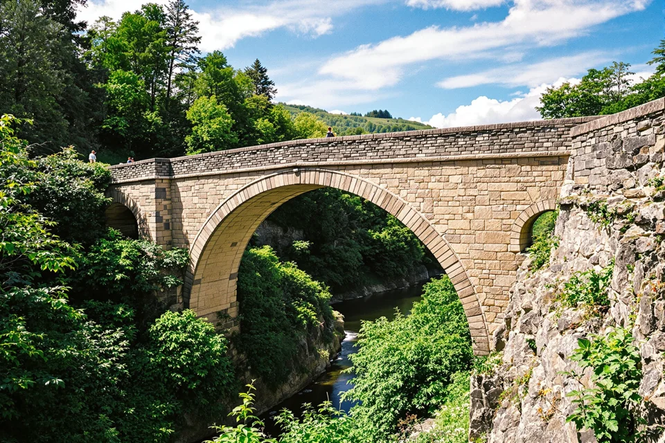Stone arch bridge spanning a wooded gorge in Luxembourg, a narrow river running underneath