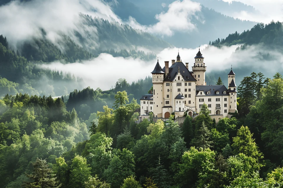 White castle with dark pointed turrets on a misty forested hilltop in Luxembourg