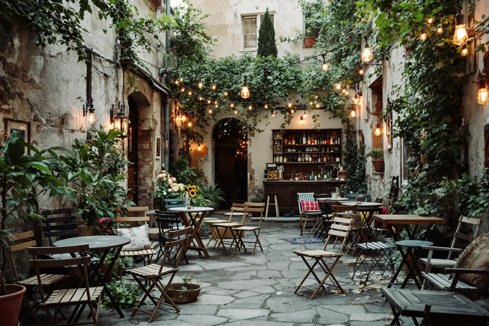 String lights and wooden tables lined up in an ivy-covered courtyard in Hungary