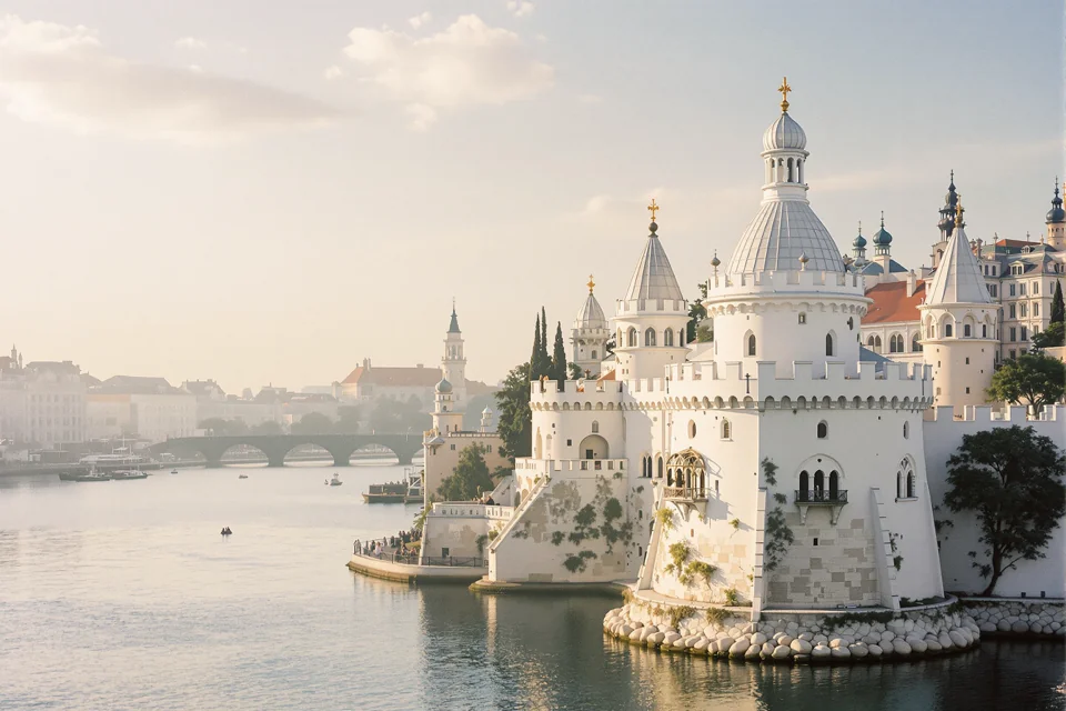 White ramparts and domed towers on a Hungarian riverbank, a bridge fading into the haze
