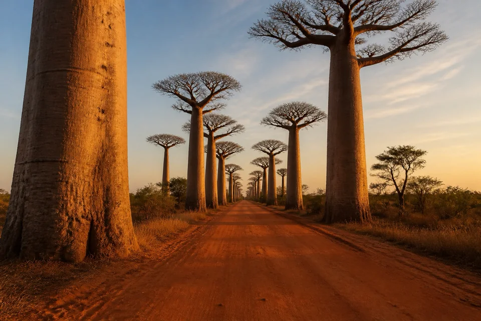 Giant baobabs rising on both sides of a red earth road in evening light in Madagascar