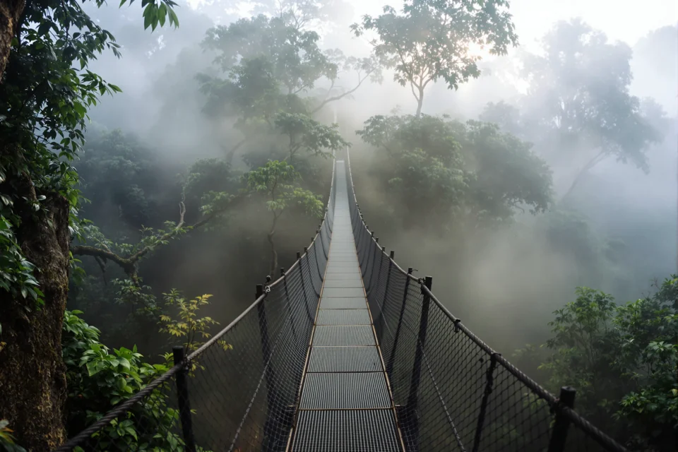 A canopy walkway above the rainforest in Malaysia reaching into the morning mist