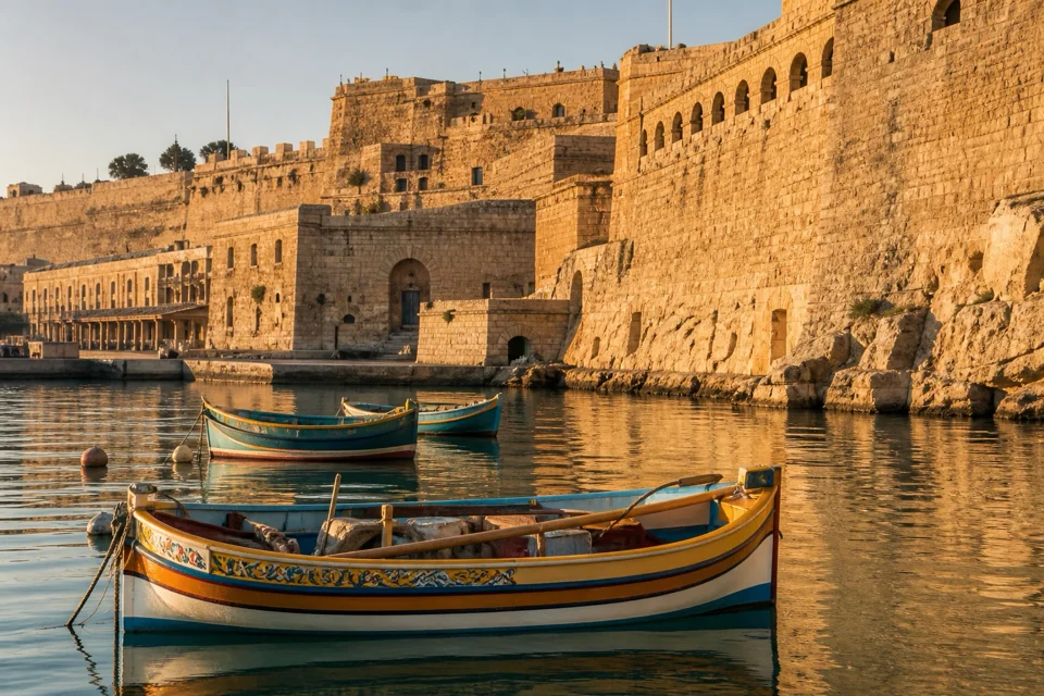 Malta'da limanın altın rengi bastion duvarları önünde boyalı ahşap tekneler yüzüyor