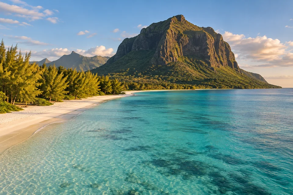 Le Morne Brabant rising above a turquoise lagoon in Mauritius