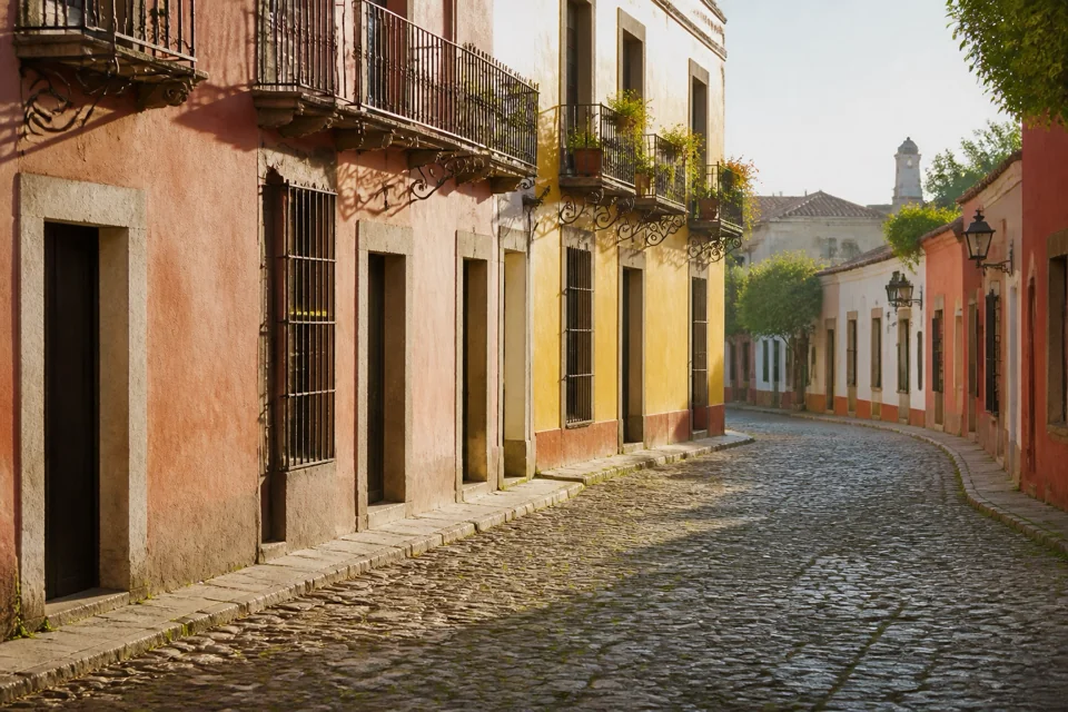 Wrought iron balconies along a stone street of pink and yellow facades in Mexico
