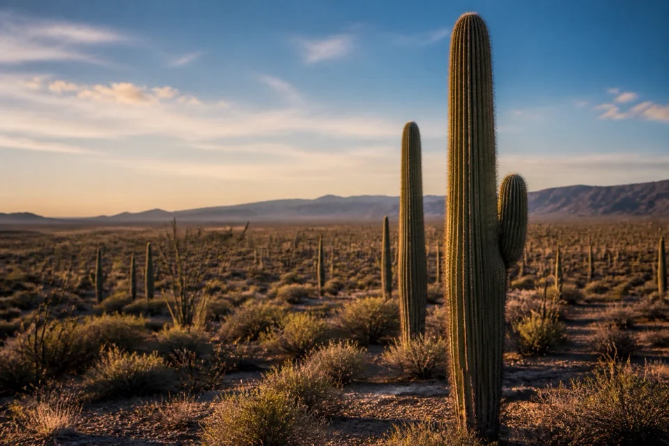 Tall cacti casting shadows in golden light across a wide desert in Mexico