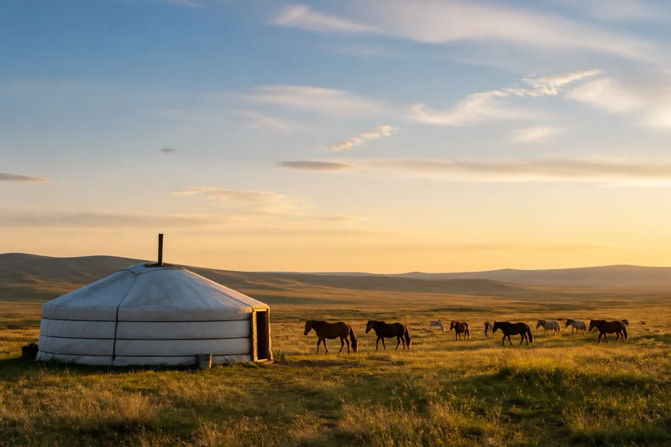 A herd of horses passing a white felt yurt on the steppe in evening light in Mongolia