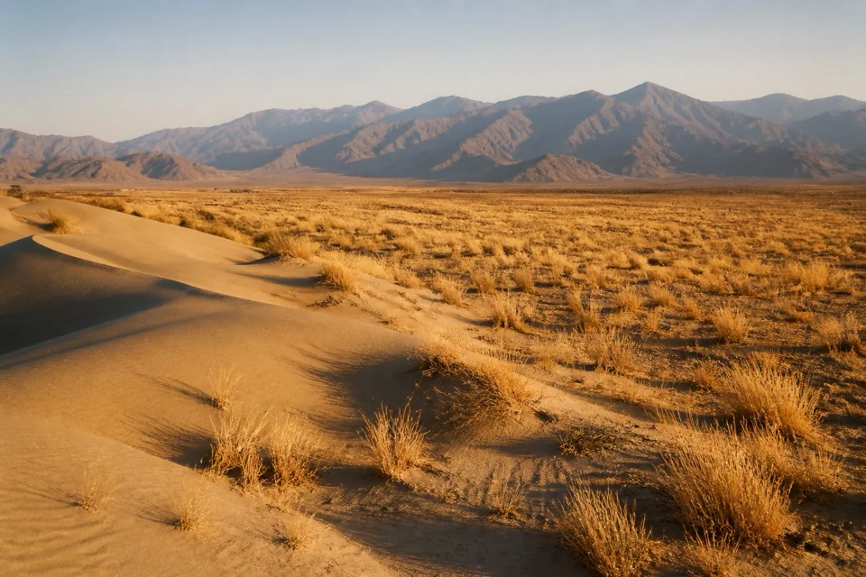 Sand dunes meeting dry grass before distant mountains in Mongolia