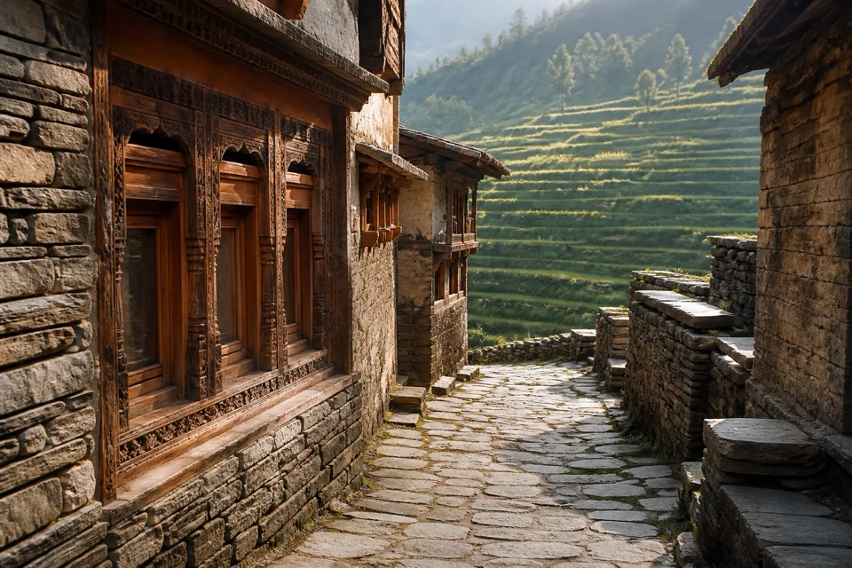 Carved wooden windows on a cobbled village street looking over terraced fields in Nepal