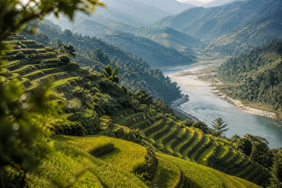 Terraced rice fields stepping down toward the river in the valley in Nepal