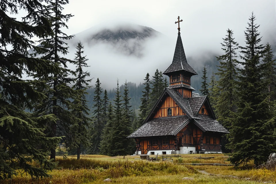 A wooden church in a dark pine forest in Norway blending into low cloud