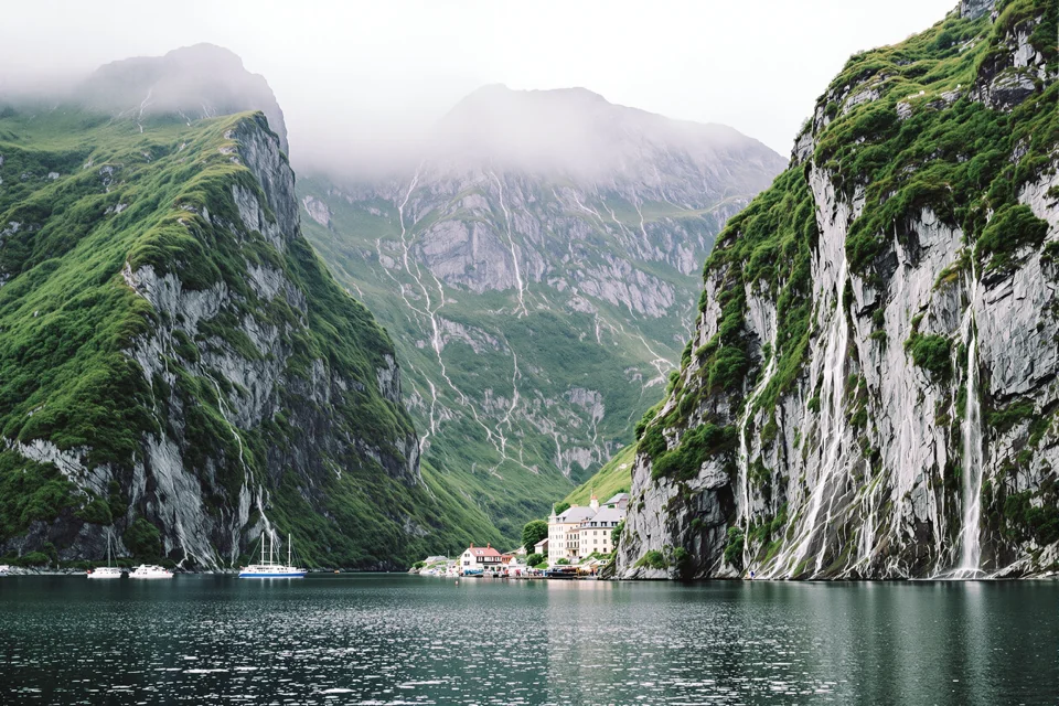 The Geirangerfjord between its steep cliffs in western Norway