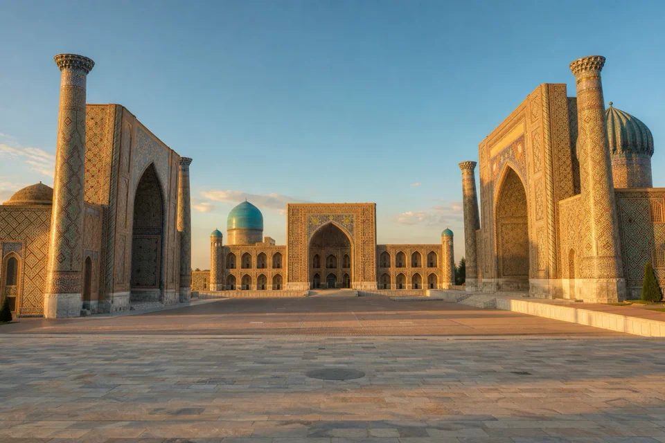 Turquoise-tiled madrasa facades around the square at sunset in Uzbekistan