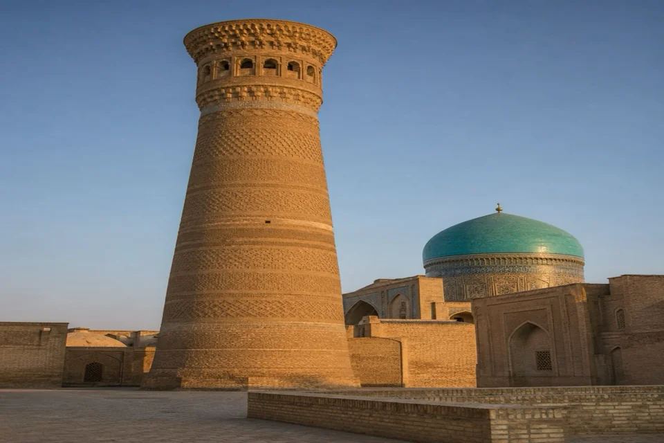 A turquoise-domed mosque beside a tall mudbrick minaret in Uzbekistan