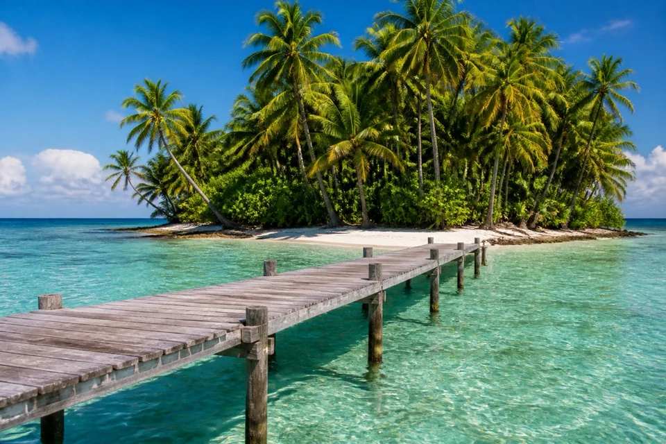 A wooden jetty reaching out to a small island of coconut palms in Panama