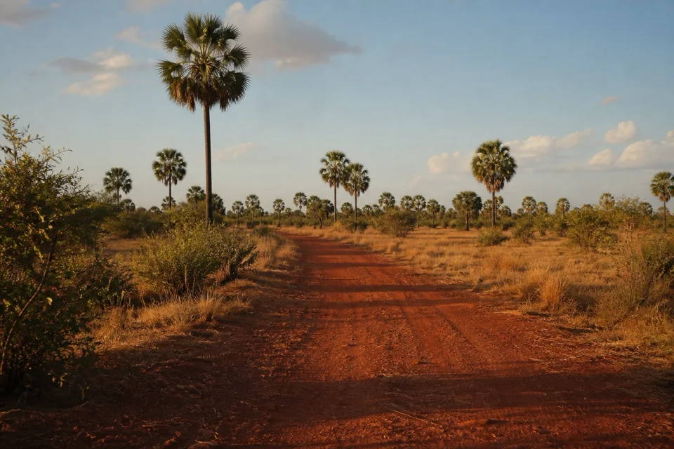 A red earth road running through palm-dotted savanna in Paraguay