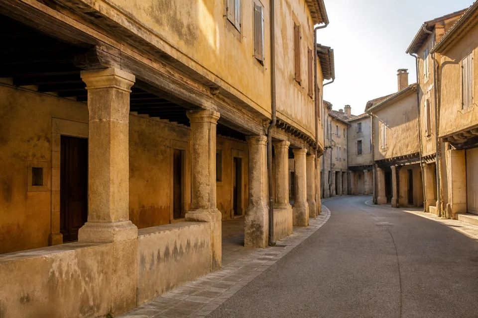Shaded arcades of orange-toned houses running along a street in Paraguay