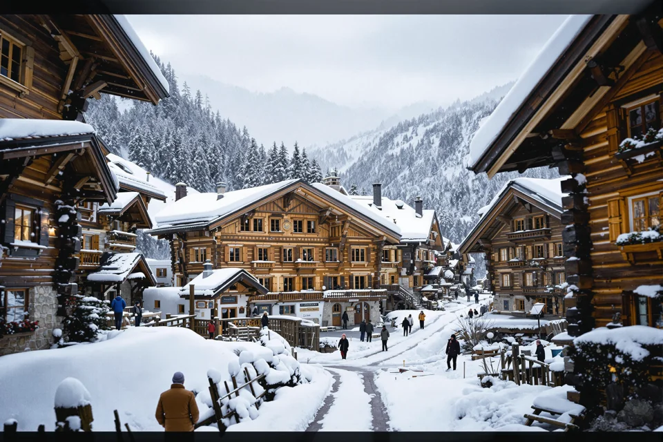 Wooden houses among pine trees in a snow-covered mountain village in Poland