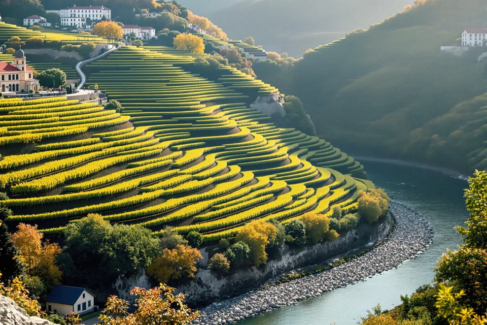 Terraced vineyards on the slopes of the Douro Valley in Portugal