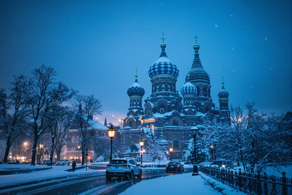Snow falling on an onion-domed church in Russia in the late afternoon