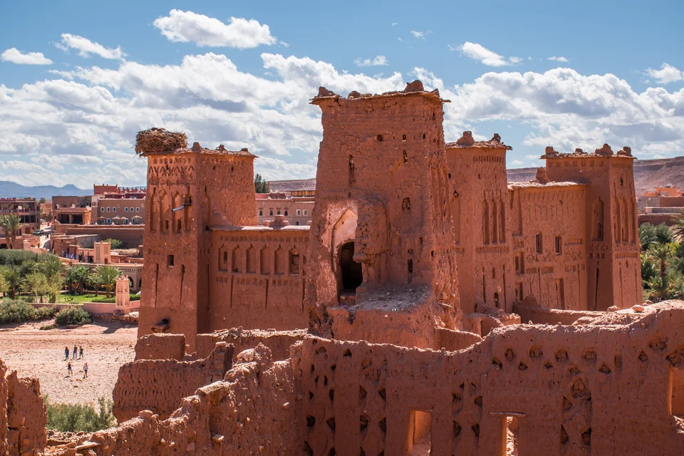 Close view of the mud-brick towers and decorated walls of Ait Benhaddou