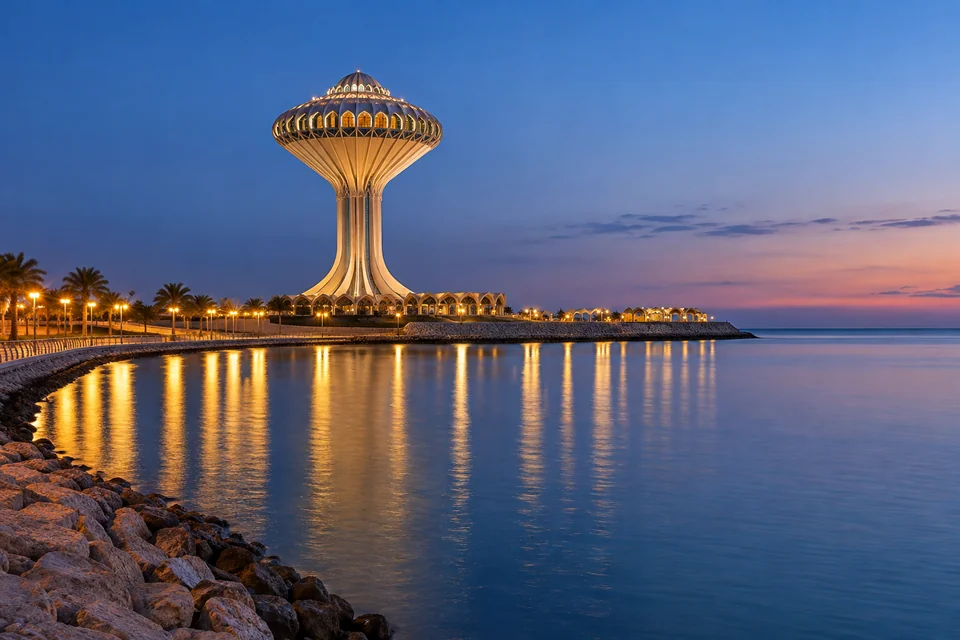 The Khobar Water Tower and the lit corniche of Al Khobar at blue hour