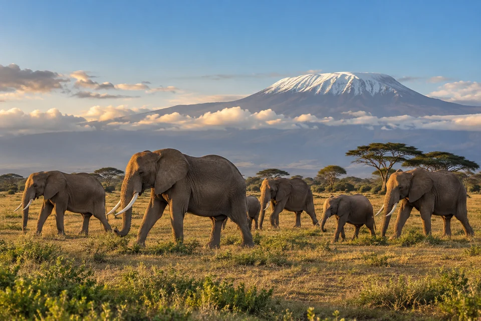 A herd of elephants crossing the Amboseli plains below snow-capped Kilimanjaro