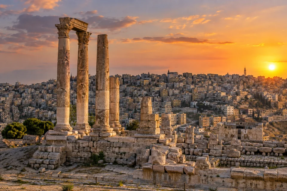 Columns of the Temple of Hercules on the Amman Citadel above the city's white houses