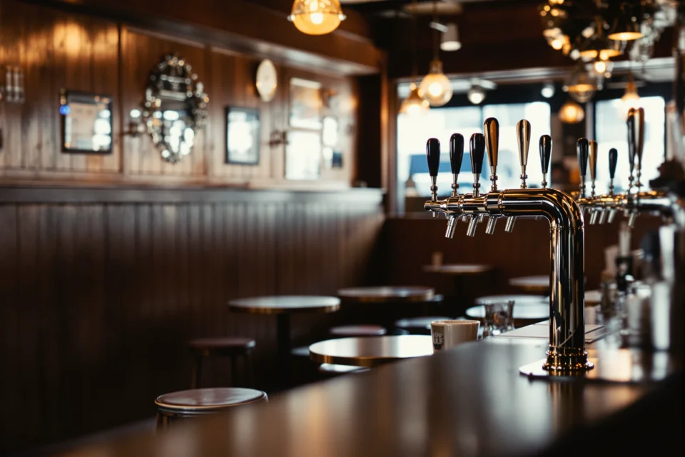 A gleaming beer tap on the dark wooden counter of a dim Amsterdam brown cafe