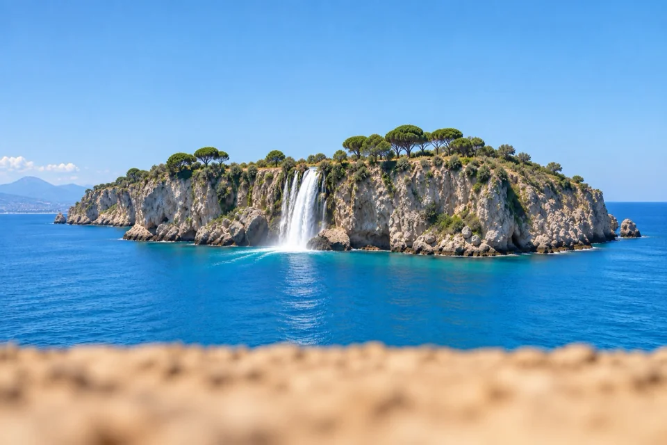 A cliff waterfall dropping straight into the sea in Antalya
