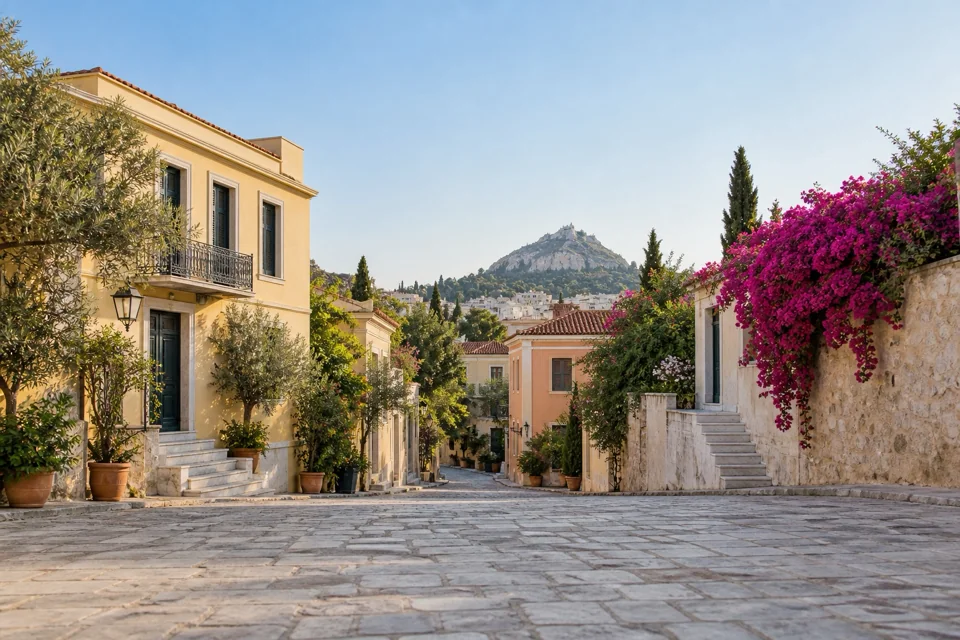 A neoclassical street in the Plaka district of Athens