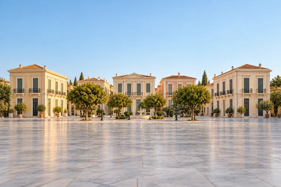 A square shaded by bitter orange trees in Athens