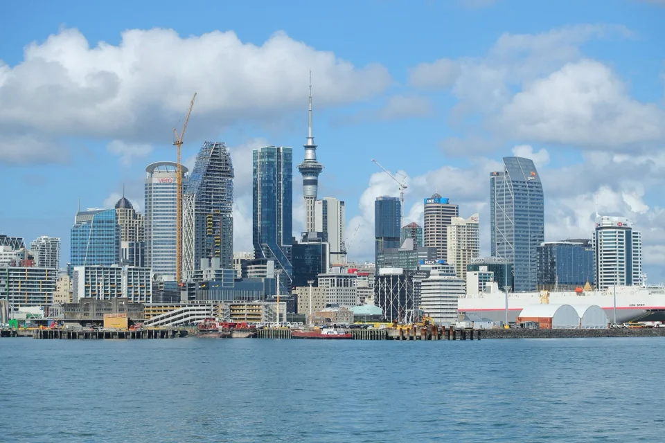 The Sky Tower and the downtown Auckland skyline on the harbour