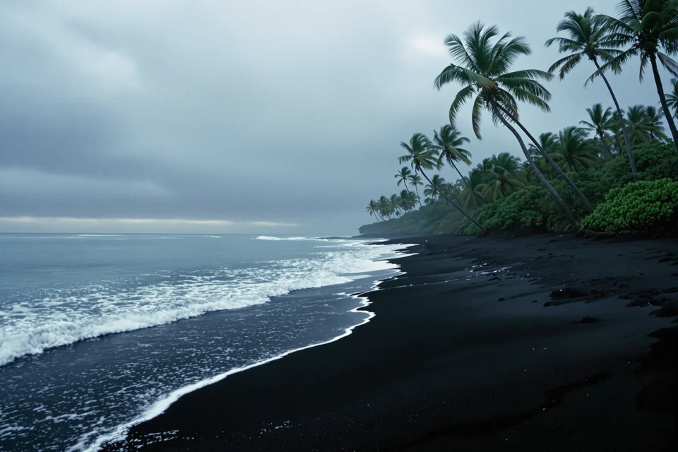 Waves breaking on a black volcanic beach in Bali under wind-bent palms