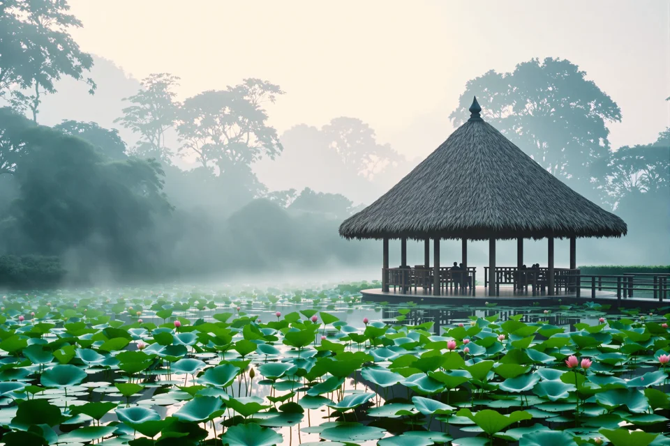 A thatched pavilion beside a lily-covered pond in Bali waking to a misty morning