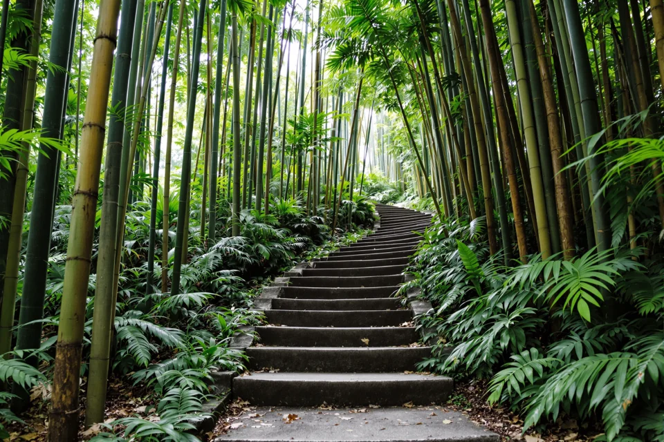 A stone stairway climbing through bamboo forest in Bali among ferns