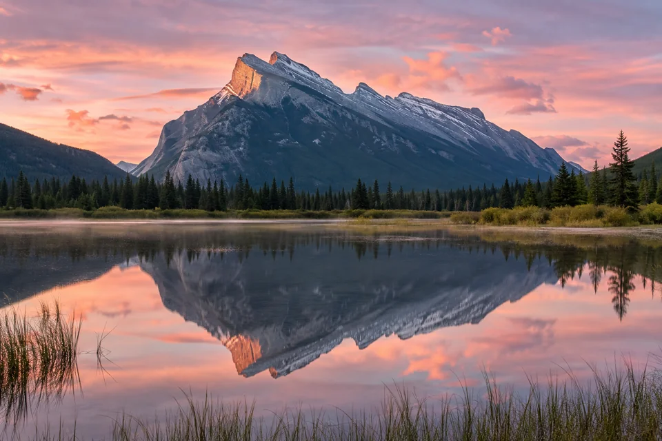 Mount Rundle reflected in the Vermilion Lakes near Banff at sunrise