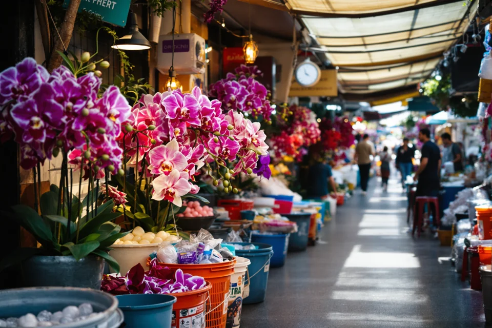 Orchid stalls lined up beside ice buckets on a shaded market street in Bangkok