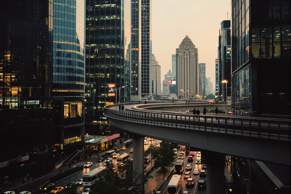 A railway curving between glass towers in Bangkok, crossing above the evening traffic