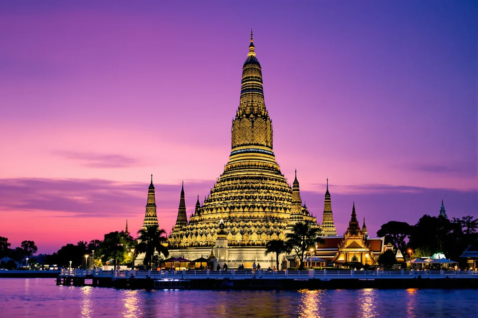 The porcelain-clad central prang of Wat Arun on the Chao Phraya in Bangkok