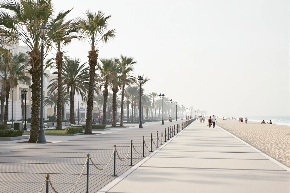 Afternoon haze settling lightly over a palm-lined seafront promenade in Barcelona