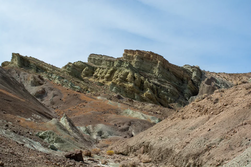 Colourful layered rock ridges in Rainbow Basin near Barstow