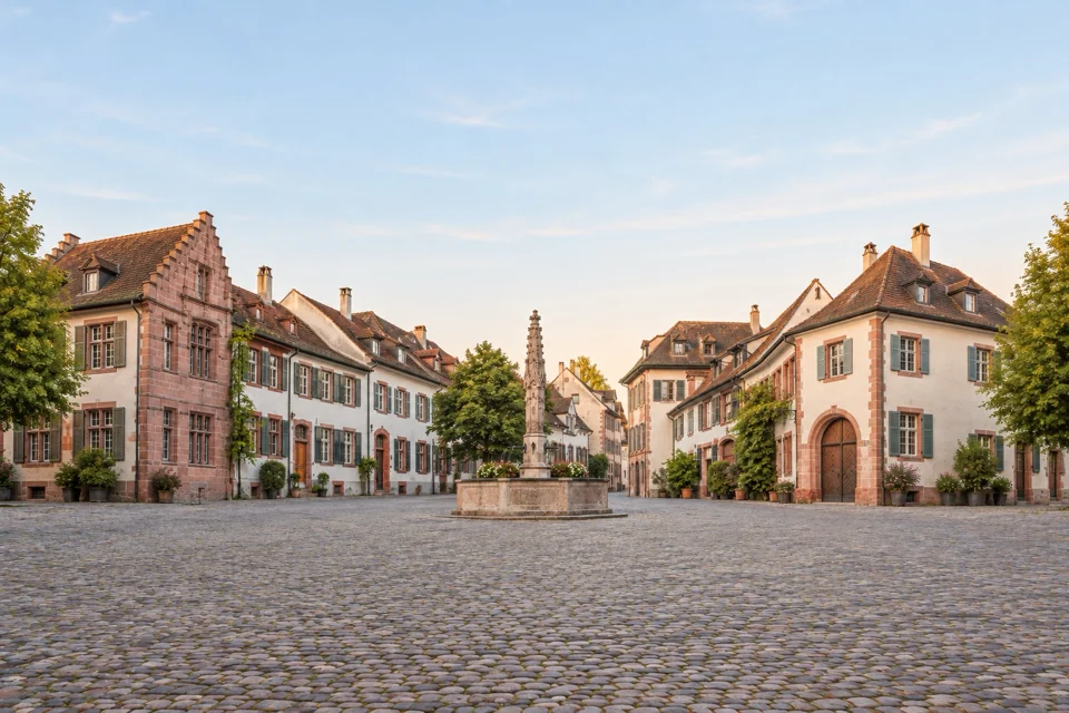 A cobbled street of sandstone facades in Basel
